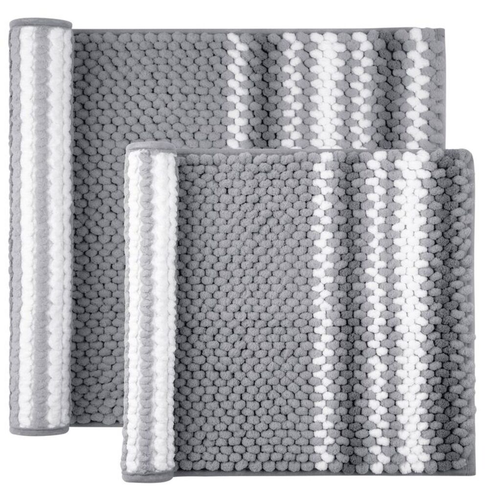 Chenille Bathroom Rug Set of 2 17x24" & 20x32" Dark Gray and White